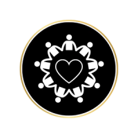 A heart in the center of a circular design made of connected figures, set on a black background with a gold circular border.