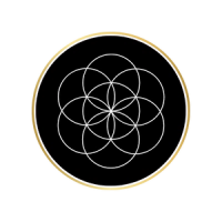 A geometric flower of life pattern composed of overlapping circles on a black background with a gold circular border.