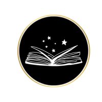 An open book with stars rising from its pages, set on a black background with a gold circular border.