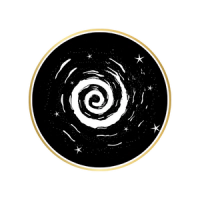 A white spiral design surrounded by star-like accents on a black background with a gold circular border.