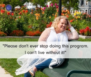 Kim Woods reclining on a bench in a garden full of colorful flowers. A client testimonial is displayed on the image.