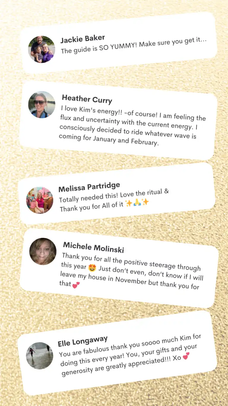 Graphic featuring client testimonials for Kim Woods. Includes reviews from Jackie Baker, Heather Curry, Melissa Partridge, Michele Molinski, and Elle Longaway, expressing appreciation for Kim’s guidance, energy, and rituals.