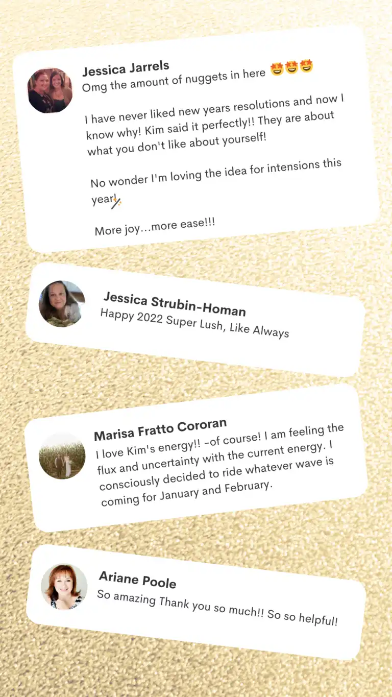 Graphic featuring client testimonials for Kim Woods. Includes reviews from Jessica Jarrels, Jessica Strubin-Homan, Marisa Fratto Cororan, and Ariane Poole, sharing their insights and gratitude for Kim’s approach to New Year intentions and energy guidance.