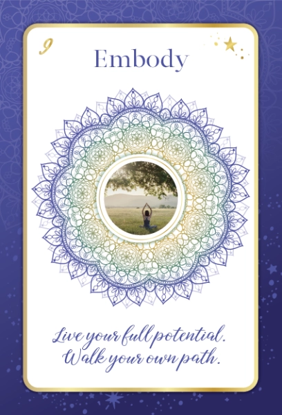 Kim Woods Intuition Oracle Card with the title 'Embody' featuring a circular mandala design in gold and purple, surrounding an image of a person standing in a yoga pose in a grassy field, with the text 'Live your full potential. Walk your own path.' below.