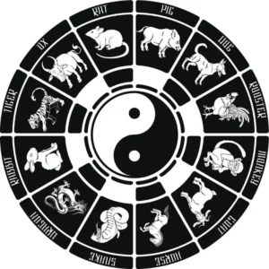 Black and white illustration of the Chinese zodiac wheel featuring the 12 animal signs—Rat, Ox, Tiger, Rabbit, Dragon, Snake, Horse, Goat, Monkey, Rooster, Dog, and Pig—surrounding a central Yin-Yang symbol.