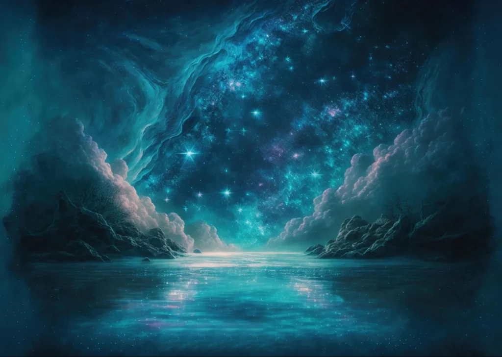 Majestic cosmic scene featuring a starry night sky with vibrant teal and blue hues, framed by clouds and rocky formations reflecting on a serene body of water.