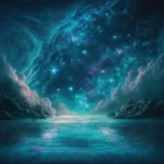 Majestic cosmic scene featuring a starry night sky with vibrant teal and blue hues, framed by clouds and rocky formations reflecting on a serene body of water.