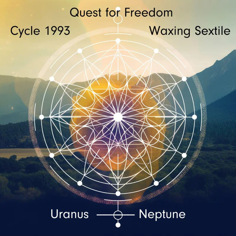 Astrological alignment of Uranus and Neptune in a waxing sextile with the phrase 'Quest for Freedom' and 'Cycle 1993' over a geometric cosmic design and sunset landscape.