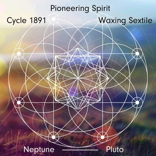 Astrological alignment of Neptune and Pluto in a waxing sextile with the phrases 'Pioneering Spirit' and 'Cycle 1891' over a geometric cosmic design with a blurred natural background.