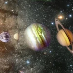 Illustration of the 7 planet alignment 2025, showing Mercury, Venus, Earth, Mars, Jupiter, Saturn, Uranus, and Neptune lined up in space against a starry background.