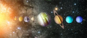 Illustration of the 7 planet alignment 2025, showing Mercury, Venus, Earth, Mars, Jupiter, Saturn, Uranus, and Neptune lined up in space against a starry background.