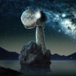 Woman in a flowing gown stands on a rock, holding a glowing Aquarius vessel under a starry night sky.