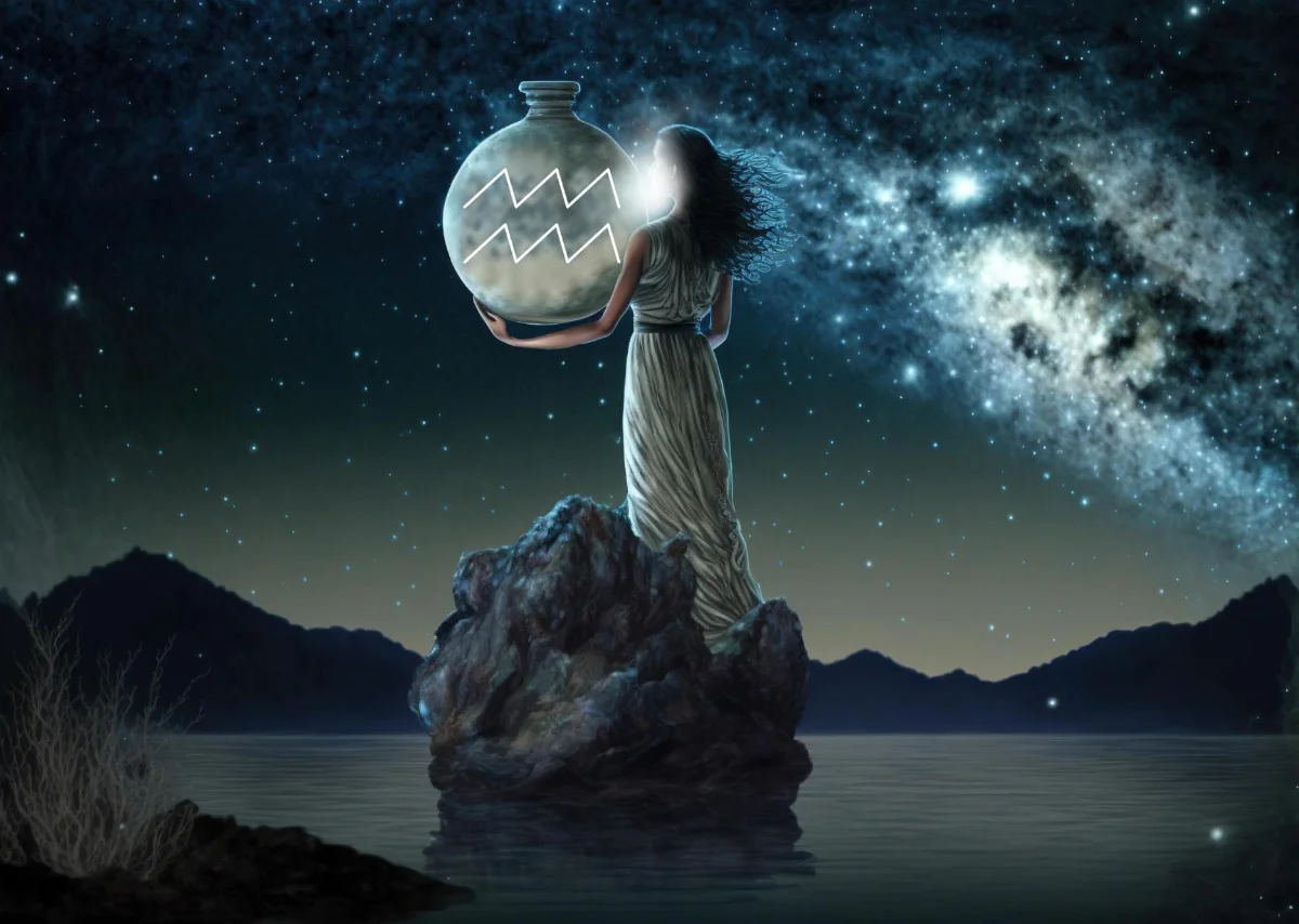 Woman in a flowing gown stands on a rock, holding a glowing Aquarius vessel under a starry night sky.