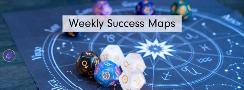 Astrology-themed banner with colorful zodiac dice scattered on a celestial chart, featuring the text "Weekly Success Maps.