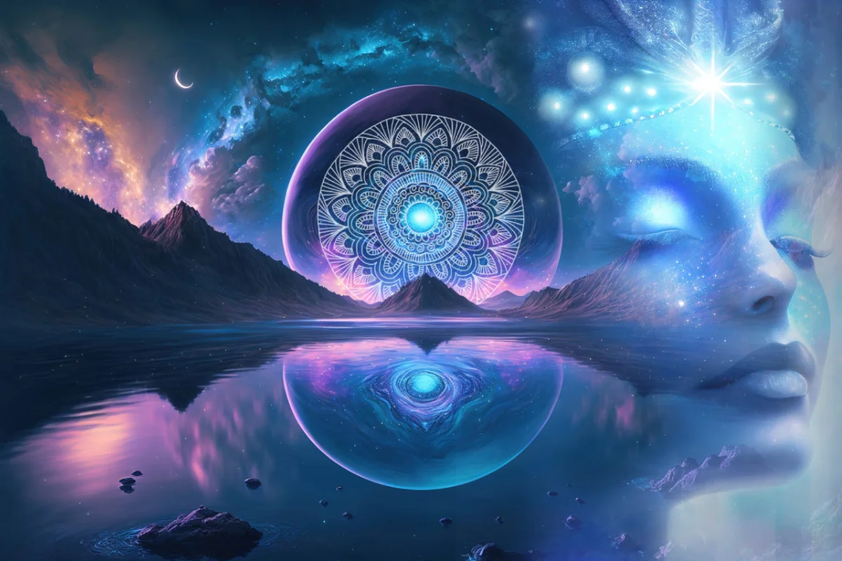 A surreal cosmic landscape featuring a serene woman with glowing blue energy, symbolizing deep intuition and spiritual awakening. A celestial mandala hovers over a reflective lake, mirroring the vastness of the universe and inner consciousness.