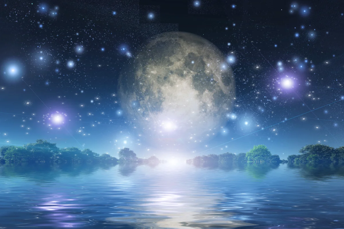 A dreamy cosmic landscape featuring a glowing full moon rising over a calm, reflective body of water. The night sky is filled with twinkling stars, creating an ethereal, celestial atmosphere.