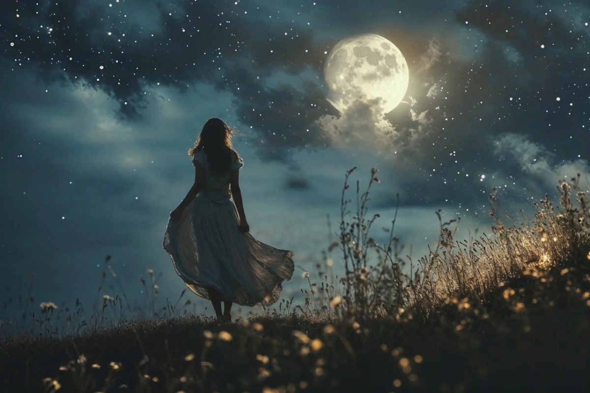 A woman in a flowing dress walks through a moonlit field, bathed in the glow of the February Full Moon. The night sky sparkles with stars as soft clouds drift across the luminous moon. The scene captures a sense of mystery, reflection, and celestial energy.