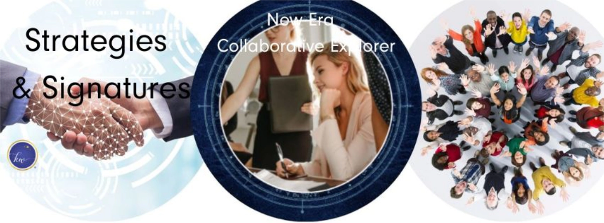 Three images symbolizing collaboration and teamwork—one of a handshake with digital network effects, another of a group working together in discussion, and a top-down view of a diverse crowd smiling and waving. Text reads "Strategies & Signatures" and "New Era Collaborative Explorer.