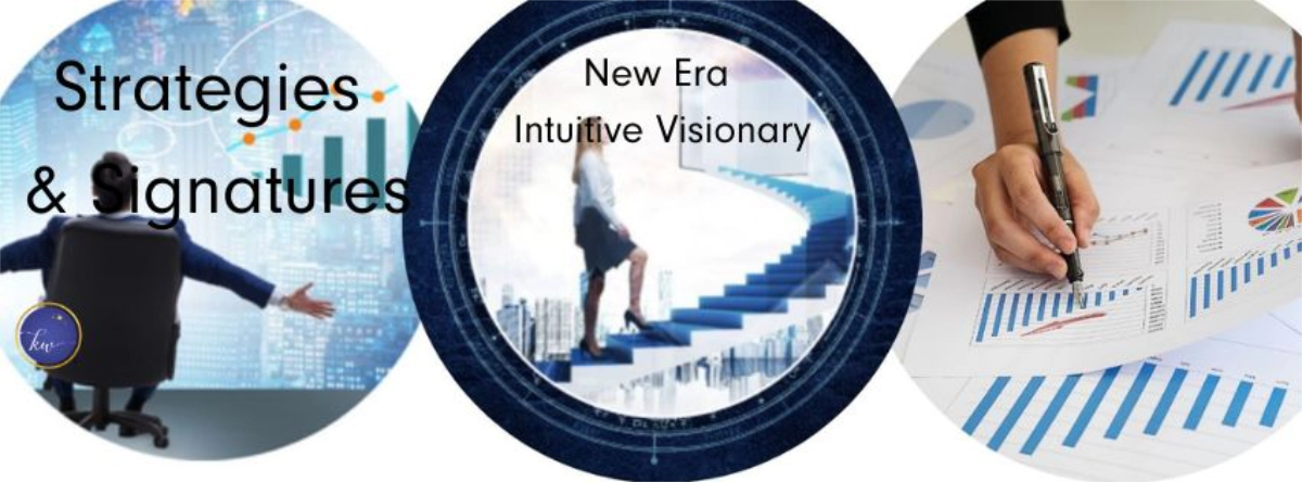 Three images representing strategy and vision—one of a person celebrating business success, another of a woman climbing futuristic stairs, and a close-up of hands analyzing financial charts. Text reads "Strategies & Signatures" and "New Era Intuitive Visionary.