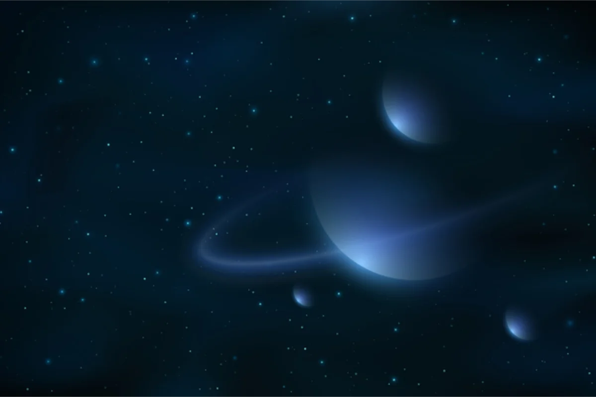 A dark blue cosmic scene featuring a large ringed planet with two smaller celestial bodies nearby, set against a star-filled sky. The planets appear to be illuminated by a soft, distant light, creating a serene and mysterious atmosphere.