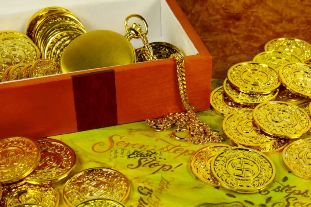 A wooden box filled with gold coins, a pocket watch, and a gold chain sits on a decorative map with the words "Seven Steps" and "Stop!" symbolizing wealth, prosperity, and time.