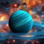 A digitally rendered image of the planet Neptune, depicted as a vibrant blue gas giant with rings. The background features a cosmic nebula with fiery orange, red, and blue hues, creating a stunning space scene.