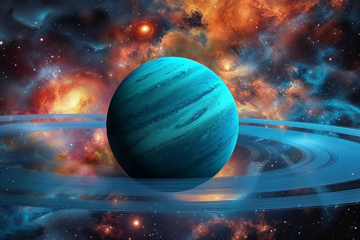 A digitally rendered image of the planet Neptune, depicted as a vibrant blue gas giant with rings. The background features a cosmic nebula with fiery orange, red, and blue hues, creating a stunning space scene.