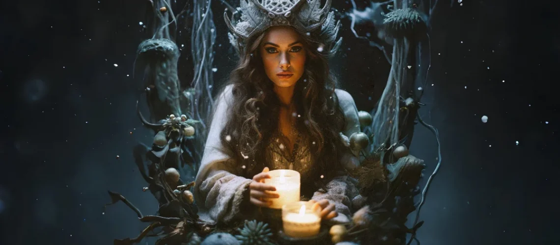 Enchanted woman with a branch-like crown holding glowing candles in a dark, snowy setting.