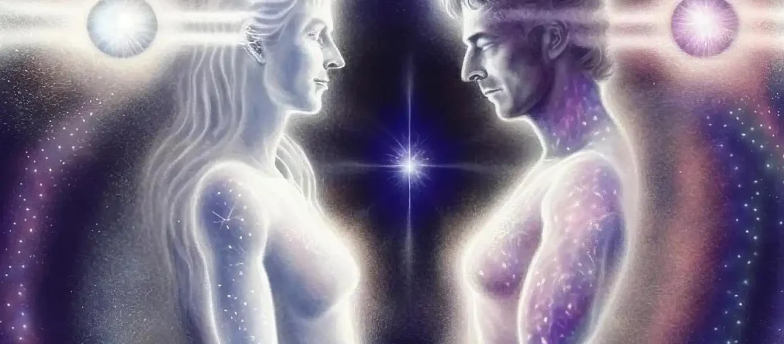 Digital artwork depicting an ethereal man and woman facing each other, holding hands, and surrounded by a cosmic background. Both figures are illuminated, with stars and cosmic light patterns embedded in their bodies, symbolizing a deep spiritual connection.