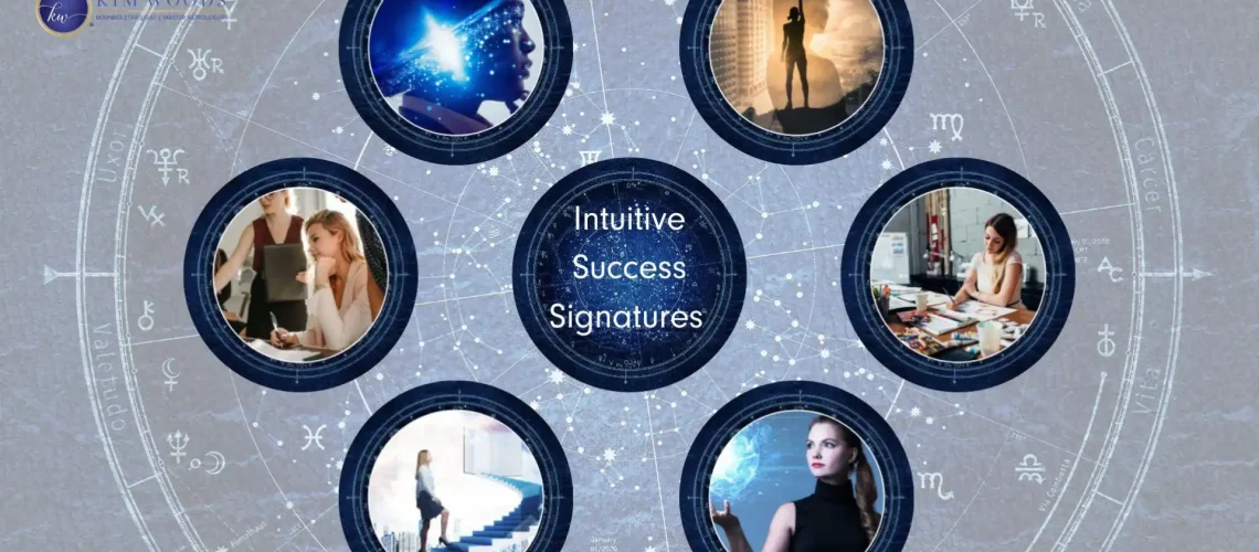 A celestial-themed graphic featuring a central circle labeled "Intuitive Success Signatures," surrounded by six circular images. The images depict a diverse array of people and situations, including a person looking at digital stars, a silhouetted figure raising their fist in triumph, a group collaborating around a table, a woman climbing a staircase, and another working on creative projects. The background includes astrological symbols and a light blue starry sky with a subtle, mystical tone.