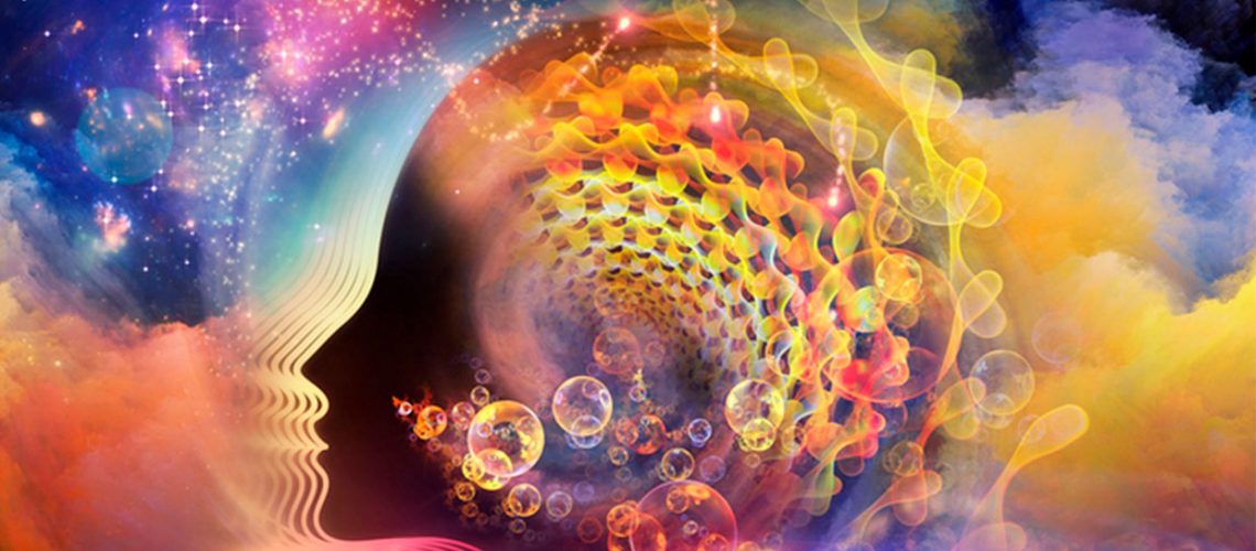A vibrant, abstract image depicting a profile of a human face blending into a cosmic scene. The artwork features swirling colors, bubbles, and a spiral of light, representing the universe and consciousness.