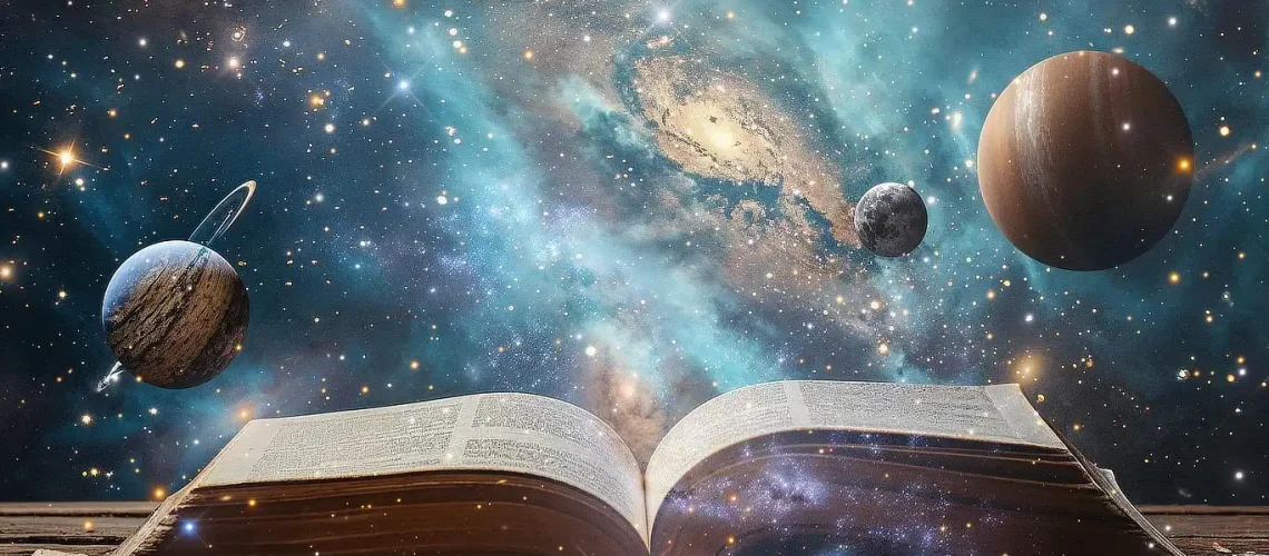 An open book rests on a wooden surface, with a galaxy, stars, and planets emerging from its pages, symbolizing the exploration of the universe through reading.