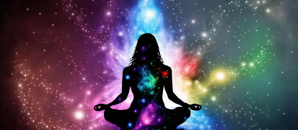 A silhouette of a person meditating, filled with colorful cosmic energy, set against a vibrant, starry galaxy background.