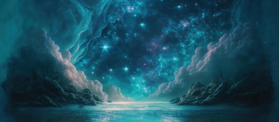 Majestic cosmic scene featuring a starry night sky with vibrant teal and blue hues, framed by clouds and rocky formations reflecting on a serene body of water.