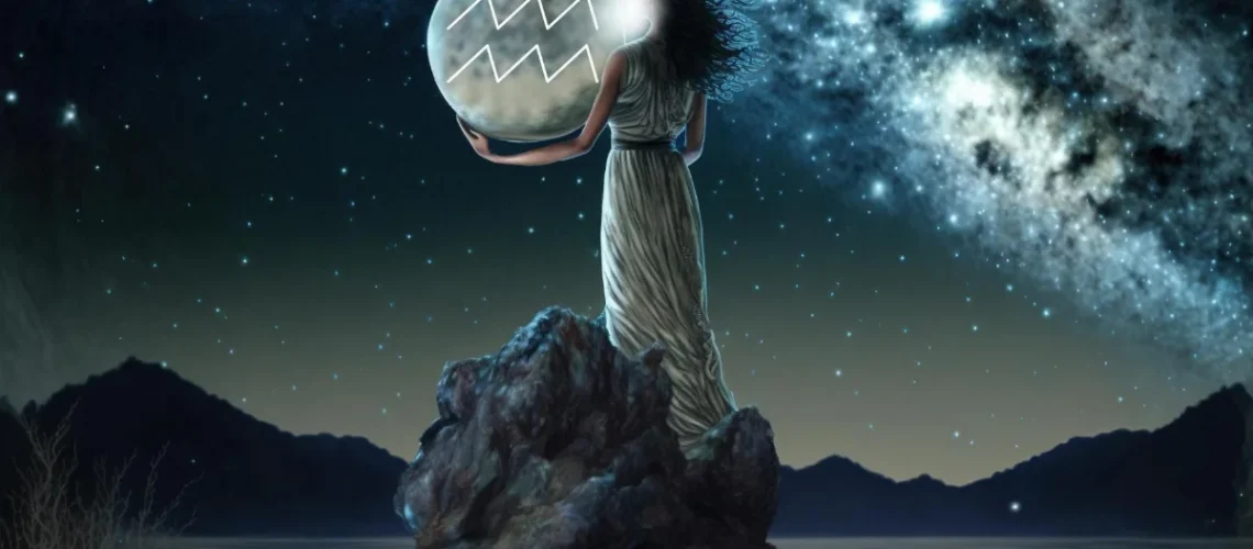 Woman in a flowing gown stands on a rock, holding a glowing Aquarius vessel under a starry night sky.