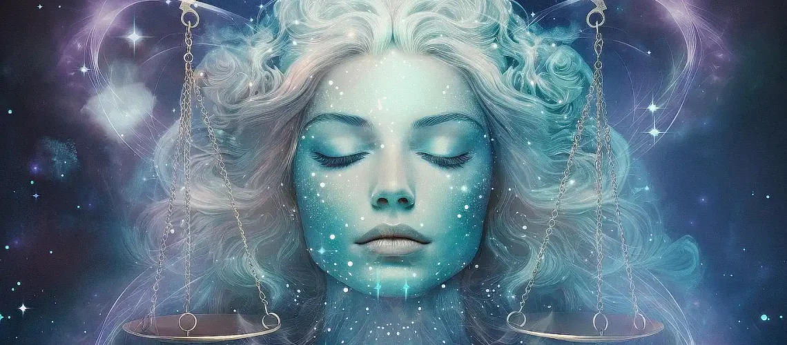 A serene woman with closed eyes, surrounded by a cosmic background, with scales floating beside her head, symbolizing balance.