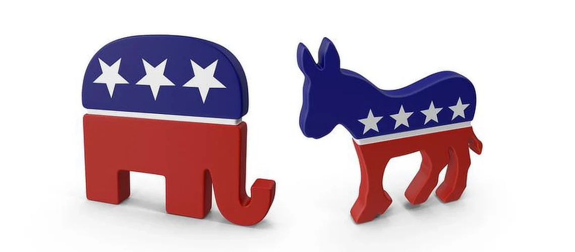 Republican Party red elephant and Democratic Party blue donkey symbols in red, white, and blue.