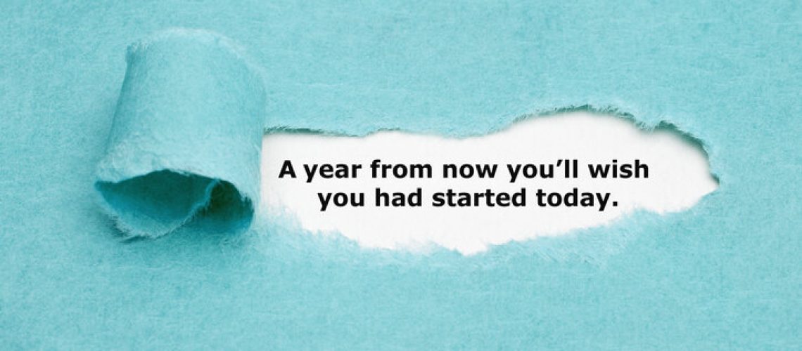 Motivational quote "A year from now you will wish you had started today" appearing behind torn blue paper.